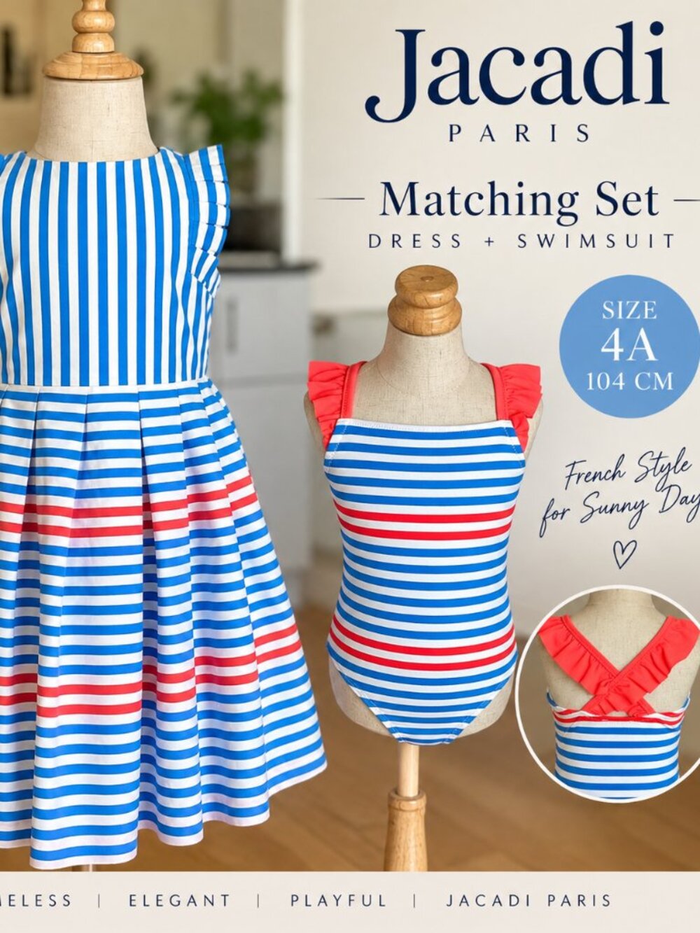 Jacadi Paris Girls Matching Dress & Swimsuit Set 4A | Blue Red White Stripes